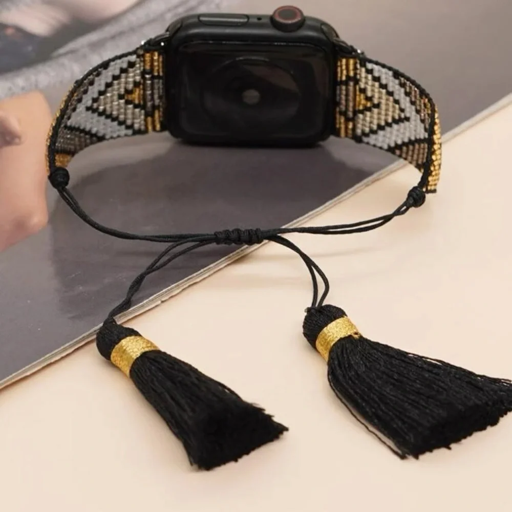 NWT Bead Tassel Woven Apple Watch Band 38/40/41 Black and Gold - Picture 2 of 5